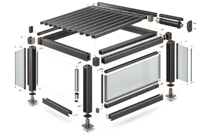Exploded view of a configurable pergola