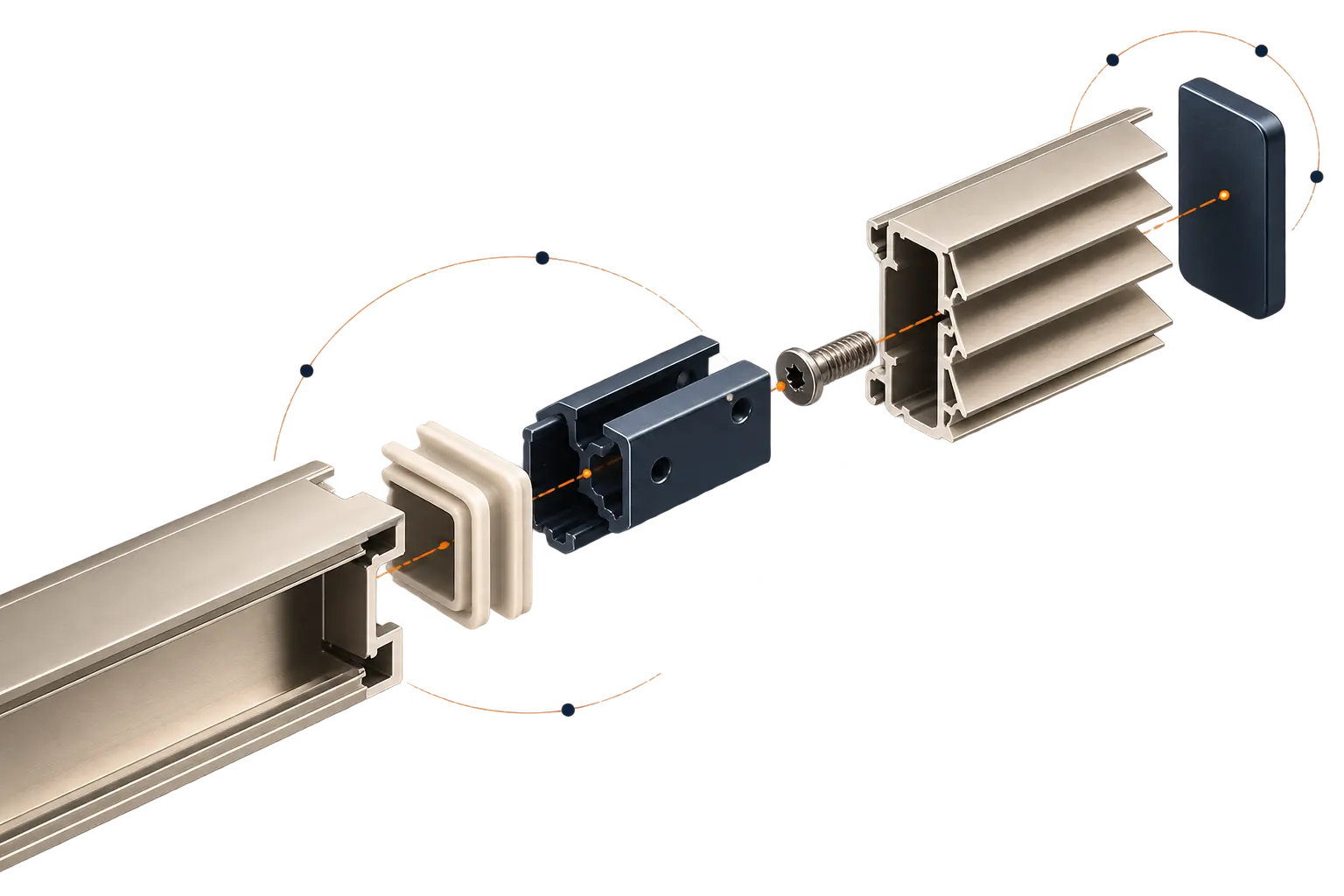 Exploded detail of an aluminium extrusion joint: profile, end cap, connector, screw and cover