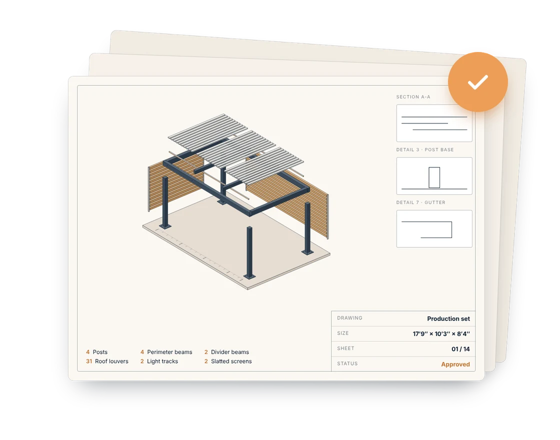 Illustration of production information for a configured pergola